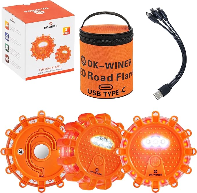 3 LED USB-C Rechargeable Road Flares Kit, High Visibility Emergency Roadside Beacon Warning Lights with Hanging Hook