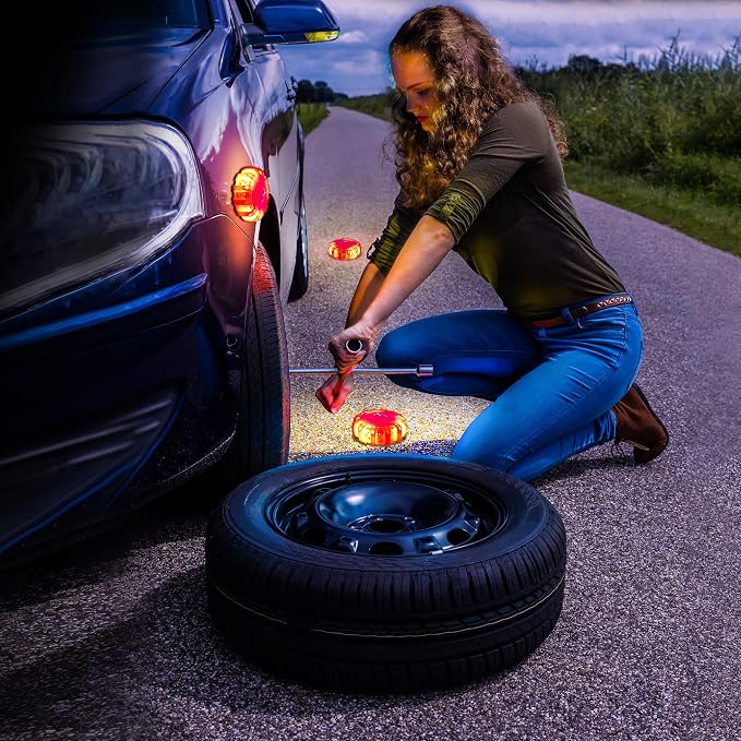 STP Emergency Auto LED Road Flare Discs, 8 Flash Modes/2 Mounting Options, 1 Mile Signal Viability, Includes Carrying Bag, Battery-Powered: Requires 3 AAAS, 3-Pack