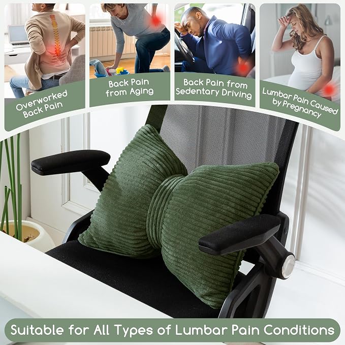 HIGOGOGO Lumbar Support Pillow for Recliner Chair, Bow Knot Shaped Back Support Cushion, Striped Corduroy Soft Decorative Lumbar Pillow for Office Chair, Sofa, Car, Bed, Living Room - Dark Green