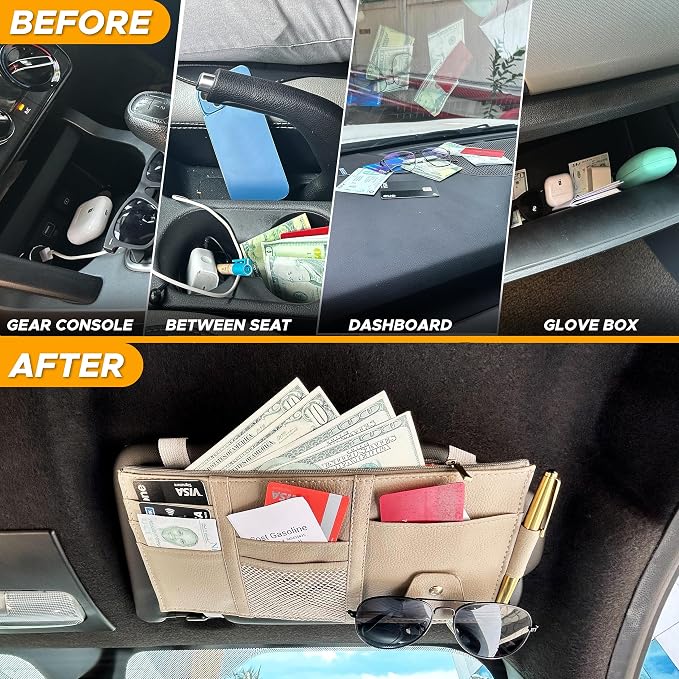EcoNour Car Sun Visor Organizer (Beige) | Multi-Pocket Net Zipper Case for Cash, Card, Pen & Sunglass | Visor Organizer Storage Pouch | Interior Accessories with Pocket for Car & Truck | Small