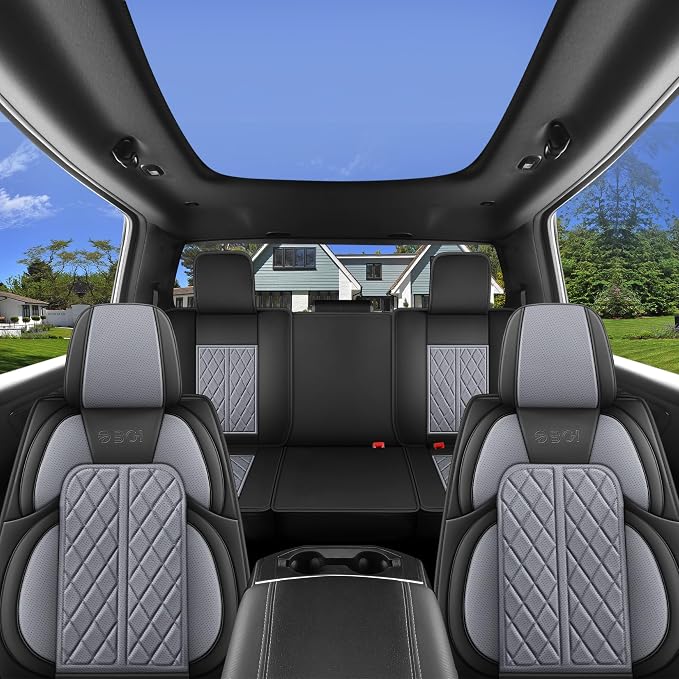 Car Seat Cover Custom Fit for Ford F150 2009-2026 Faux Leather Seat Cover Set Compatible with Regular Cab Super Cab Super Crew Pickup Truck Cushions (Black & Grey, Full Set)