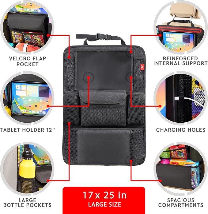 Helteko Car Seat Organizer, Ultra Version Kids Backseat Car Organizers and Storage, Waterproof Back Seat Protector Kick Mats with Tablet Holder 12" Car Accessories Interior, Black 2 Pack