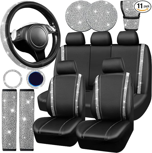 CAR PASS Leather Bling Seat Covers Full Sets 16 pcs, Bling Diamond Car Accessories Set for Women, Sparkly Rhinestone Steering Wheel Cover, Glitter Cute Car Interior Sets for Women Girl, Silver Diamond