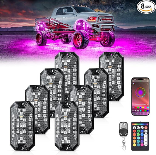 RGB Rock Lights, 8 pods Underglow Neon Lights Kits，APP/RF Remote Control & Music Mode, Waterproof Wireless Multicolor Lamps for Off Road Truck SUV ATV UTV Boat