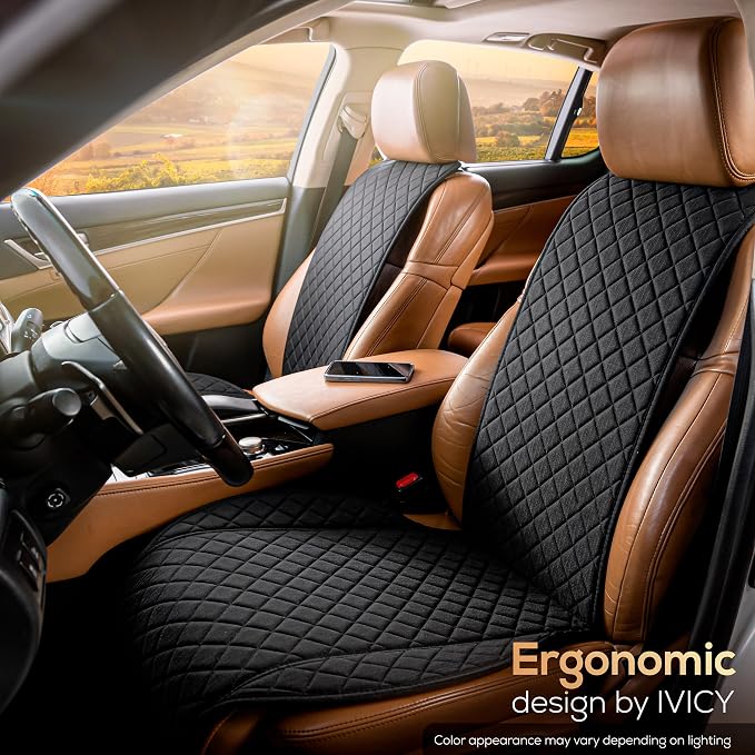 IVICY Faux Linen Front Car Seat Cover – Non-Slip Bucket Seat Protector for Most Cars, SUVs, Vans & Trucks – 1 Seat Cover, Machine Washable, Side-Airbag Friendly, Black