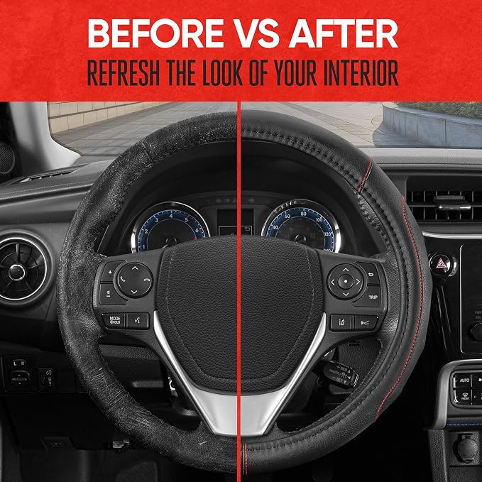 Motor Trend GripDrive Faux Black Leather Steering Wheel Cover for Car Truck Van SUV, Small 14 inch Size, Red Accent Stitched Car Steering Wheel Cover Vehicle & Auto Accessories