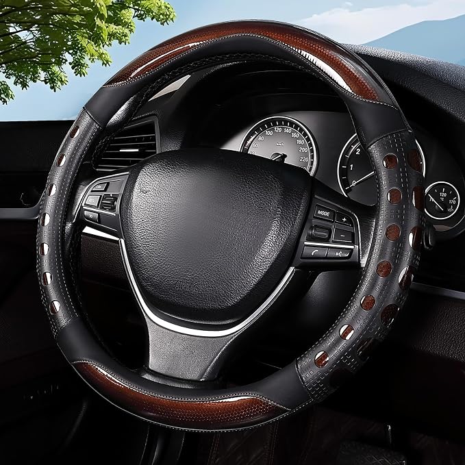 Hiseanllo Car Steering Wheel Cover, 14.5-15 Inch Universal Fit, Sporty Anti-Slip Leather Steering Wheel Protector with Glossy Color Accent, Comfortable Grip for Cars, SUVs, Trucks(Brown)