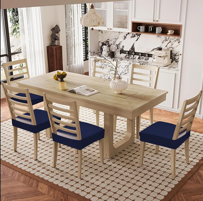 Smiry Waterproof Seat Covers for Dining Room Chairs Set of 2, Stretch Jacquard Removable Washable Chair Seat Slipcovers Protector, No Rear Covers, Federal Blue
