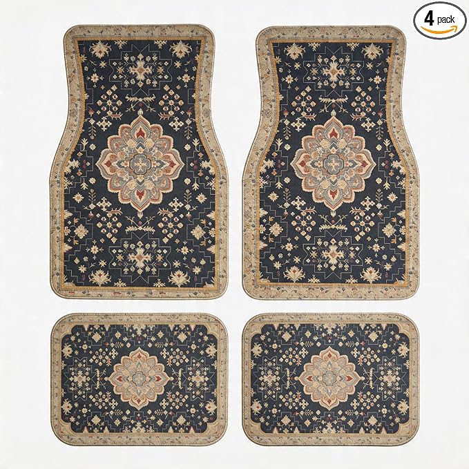 Vintage Persian Navy Car Floor Mats 4-Pack Boho Rug Style | Boho Persian car floor mats 4-piece set, navy medallion rug print, fits sedans SUVs trucks, non-slip