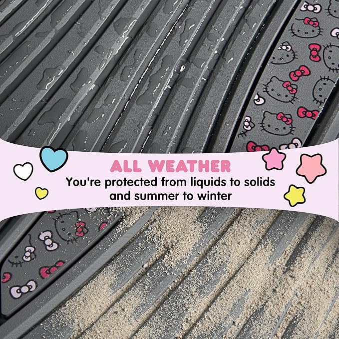 Hello Kitty Car Mats 4pc Floor Mats for Cars Trucks SUVs Grey Car Floor Mats for Women Men Accessories Rubber Heavy Duty Cute Non-Slip Always Front Rear Hello Kitty Cars Accessories Gray/Pink