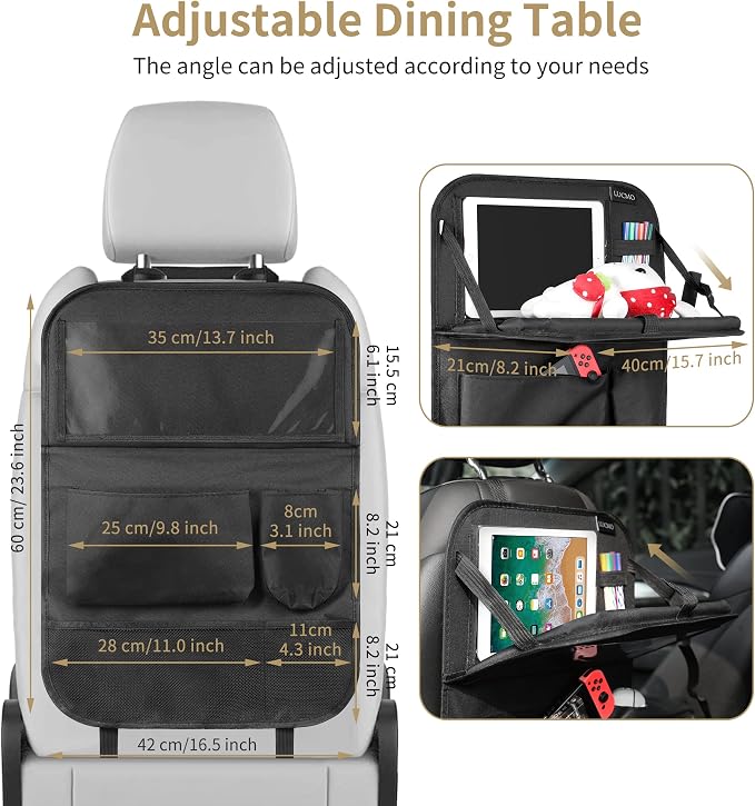 LUCMO Car Backseat Organizer with Foldable Tablet Holder, Black | 2 Pcs,6 Storage Pockets,Foldable Food Tray,Protectors Kick Mats,Travel Accessories,Seat Cover,Road Trip Essentials