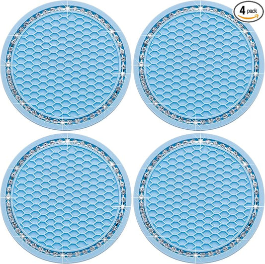 4PCS Bling Cup Holder Coaster, 2.75 Inch Auto Car Cup Holder Insert Coasters, Soft Silicone Anti-Slip Shockproof, Universal Vehicle Interior Accessories for Women Girls (Light Blue & White)