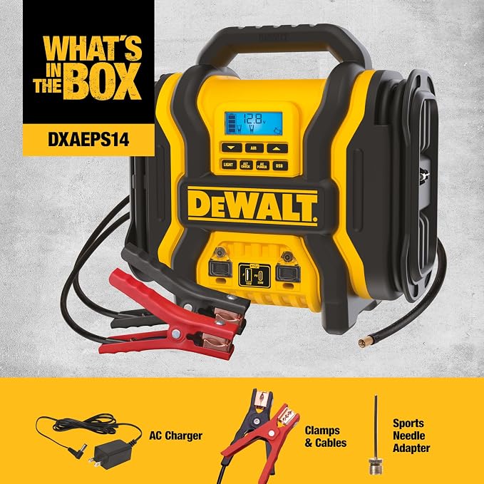 DEWALT DXAEPS14 2000 Amp Portable Battery Jump Starter with Compressor | Power Station with 500W AC Power and 15W USBa & 25W USB