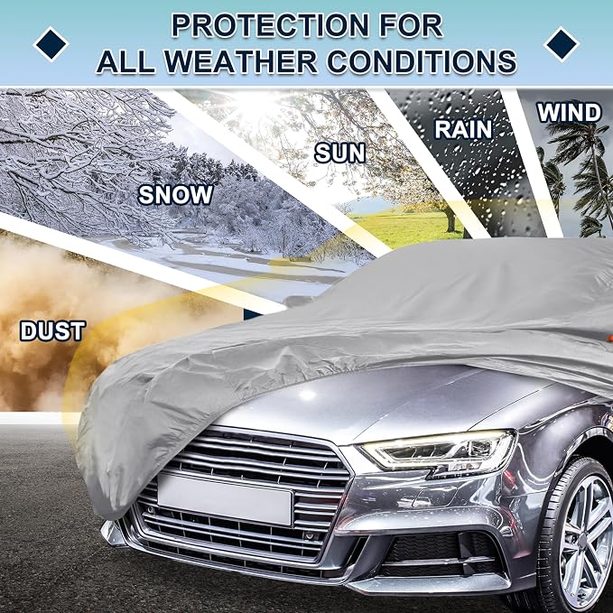 Silver Tone Heavy Duty Waterproof Car Cover for Sedan 179"-185" - All-Weather UV Protected Outdoor Full Exterior Cover with Sun/Snow/Rain Resistance