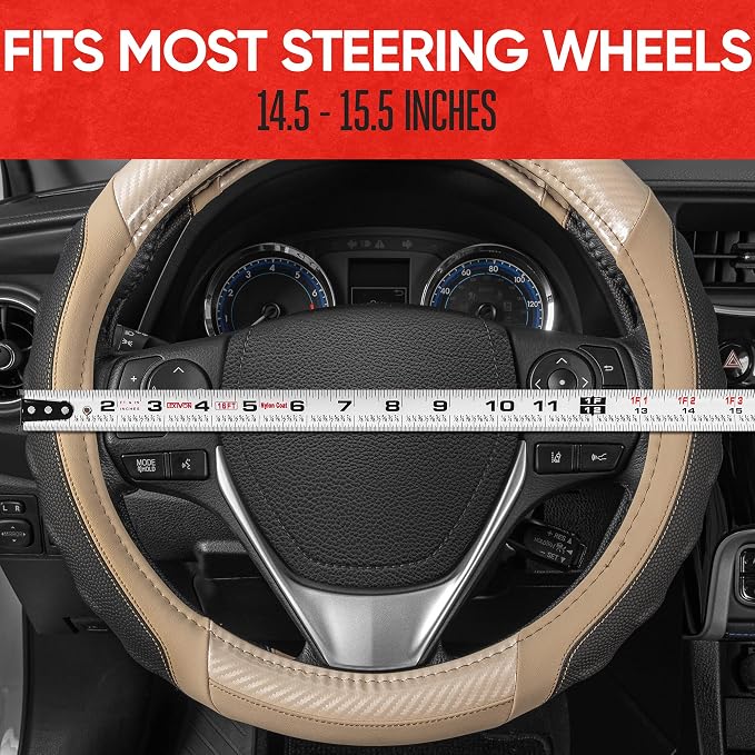 Motor Trend UltraSport Beige Carbon Fiber Steering Wheel Cover, Standard 15 inch Size, Black Faux Leather Comfort Grip, Car Steering Wheel Cover for Auto Truck Van SUV