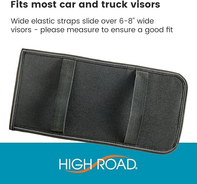 Visor Organizer with Mirror and Hidden Registration and Insurance Pocket | High Road Car and Truck Visor Organizer with Covered Mirror, Document Pockets and Grip Band Storage Panel