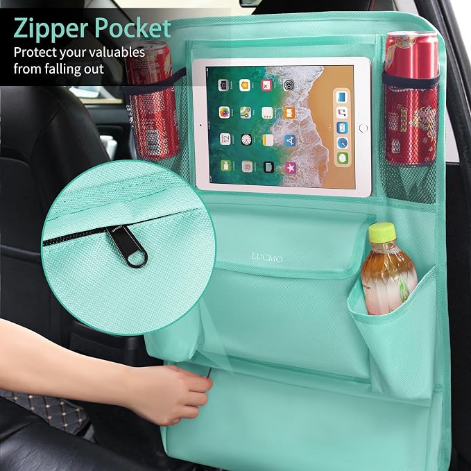 LUCMO Car Backseat Organizer with Touch Screen Tablet Holder, Light Blue | 9 Storage Pockets,Clear Tablet Holder,Protectors Kick Mats,Travel Accessories,Seat Cover,Road Trip Essentials