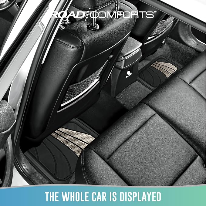 Road Comforts Car Floor Mats Full Set – Front & Rear Car Floor Mats with Aluminum Design, Anti-Slip Backing, All-Weather Protection, Trim-to-Fit Car Mats for Most Sedans, SUVs & Vans - Light Grey
