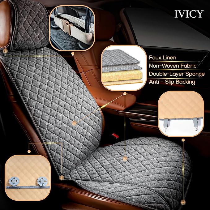 IVICY Faux Linen Front Car Seat Cover – Non-Slip Bucket Seat Protector for Most Cars, SUVs, Vans & Trucks – 1 Seat Cover, Machine Washable, Side-Airbag Friendly, Cool Gray