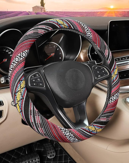 SEG Direct Boho Steering Wheel Cover, Baja Blanket Cloth, Coarse Flax | Bohemian Car Decor, Ethnic Style, Coarse Flax, Fabric Cover Fits 14 1/2-15 1/4 inches Standard Medium Size, for Women Men