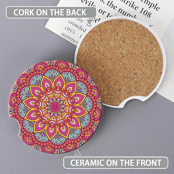 Boho Mandala Car Coasters for Women 2 Pack,Vintage Flower Ottoman Absorbent Car Coasters for Cup Holders Insert Ceramic Anti Slip with Finger Notch & Cork Base Auto Accessories Gifts