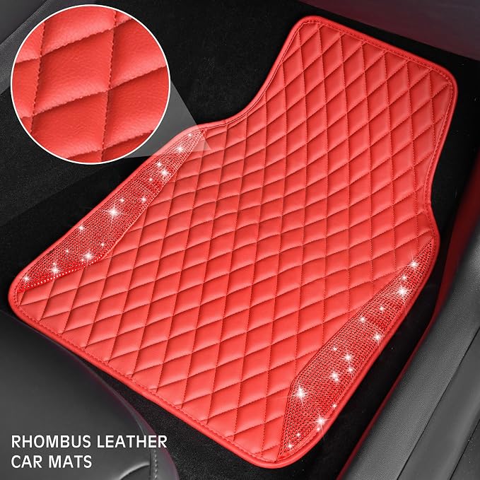 CAR PASS Bling Leather Car Mats Shining Diamond Floor Mats Crystal Rhinestones Sparkly Glitter Carpet Anti-Slip Waterproof Pad Universal Fit for Automotive SUV, Sedan, Van, 5pcs for Girl Women Red