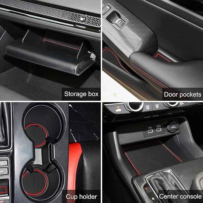 for Honda Civic Accessories 2022 2023 2024 2025 2026 11th Gen Sedan Cup Holder Insert Center Console Liner Door Slot Mats Pad Coaster Trim Premium Rubber Custom Interior 17PC Set (Red Trim)