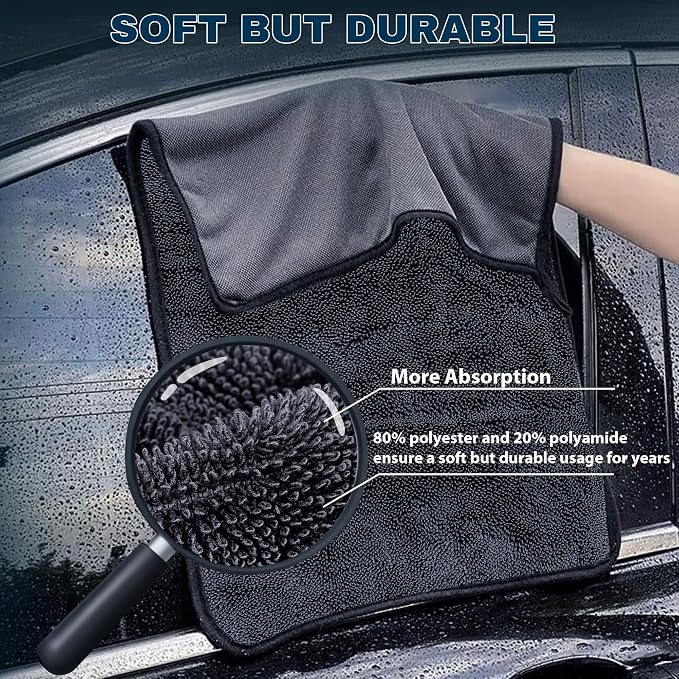 Aidoclip 4PCS Car Drying Towel Microfiber Detailing Kit - 36x24 in Car Towels Cleaning Supplies, Reusable Shammy Quick Dry Cloth for Carwash, for Auto, Boat, RV, Garage & Home (Black)