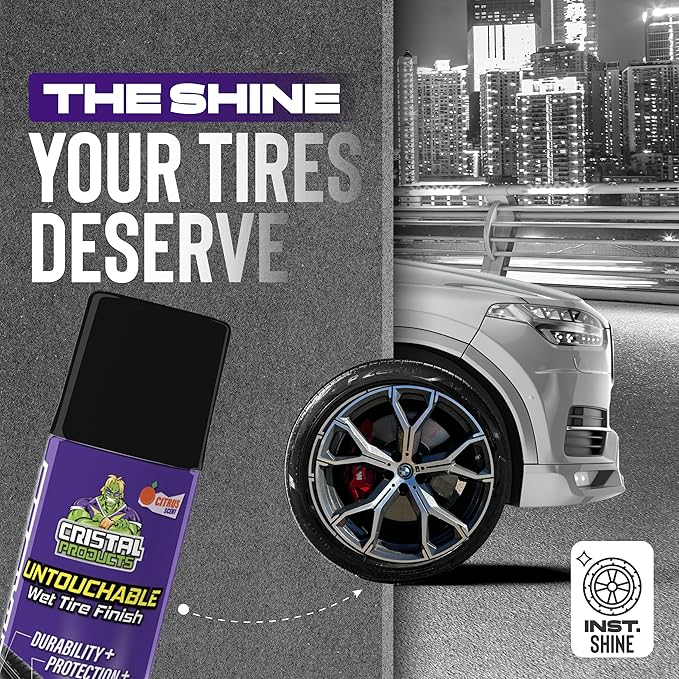 Cristal Products Untouchable Tire Shine Spray (4 Pack) – Citrus Scent, Wet Look Tire Shine, No Sling, Long Lasting Car Tire Shine, No Touch Application