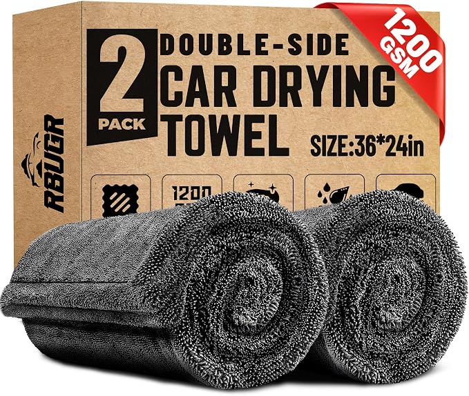 RBUGR Microfiber Towels for Cars, 2 Pack 1200GSM Car Drying Towel(24″x 36″), Dual Sided Drying Towels Car Detailing, Ultra Absorbent Car Cleaning Towel, No Streak, No Scratch, No Water Spots