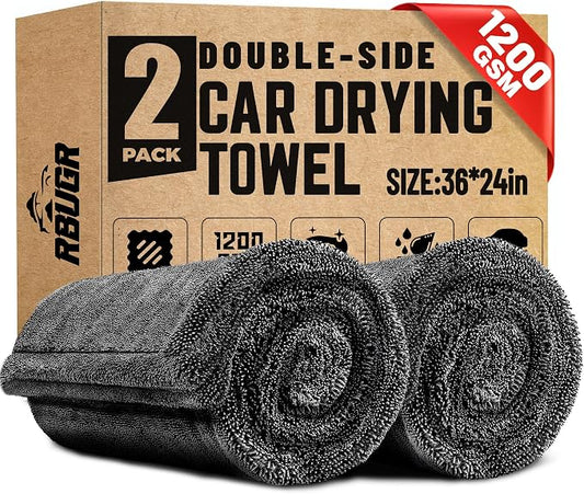 RBUGR Microfiber Towels for Cars, 2 Pack 1200GSM Car Drying Towel(24″x 36″), Dual Sided Drying Towels Car Detailing, Ultra Absorbent Car Cleaning Towel, No Streak, No Scratch, No Water Spots
