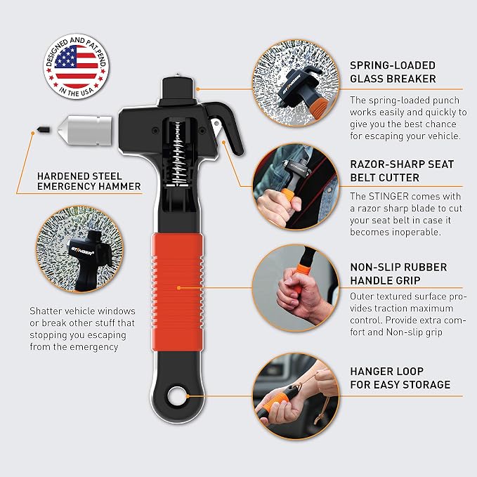 Stinger Super Duty Car Emergency Escape Tool, Hardened Carbon Steel Vehicle Safety Hammer, Spring Loaded Window Breaker, Razor Sharp Seat Belt Cutter, Life-Saving Rescue Tool (Combo 2 pcs Orange)