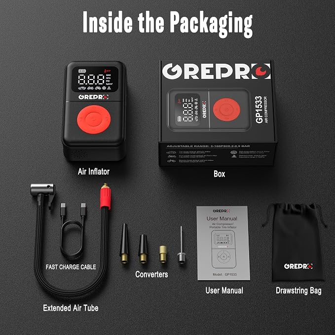 GREPRO Tire Inflator Portable Air Compressor, 160 PSI Portable Air Pump with Digital Pressure Gauge, LED Light, and Multiple Adapters for Car, Motorcycle, Bicycle, and Other Inflatables