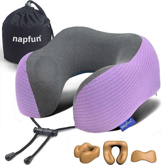 napfun Neck Pillow for Traveling, Upgraded Travel Neck Pillow for Airplane 100% Pure Memory Foam Travel Pillow for Flight Headrest Sleep, Portable Plane Accessories, Light Purple