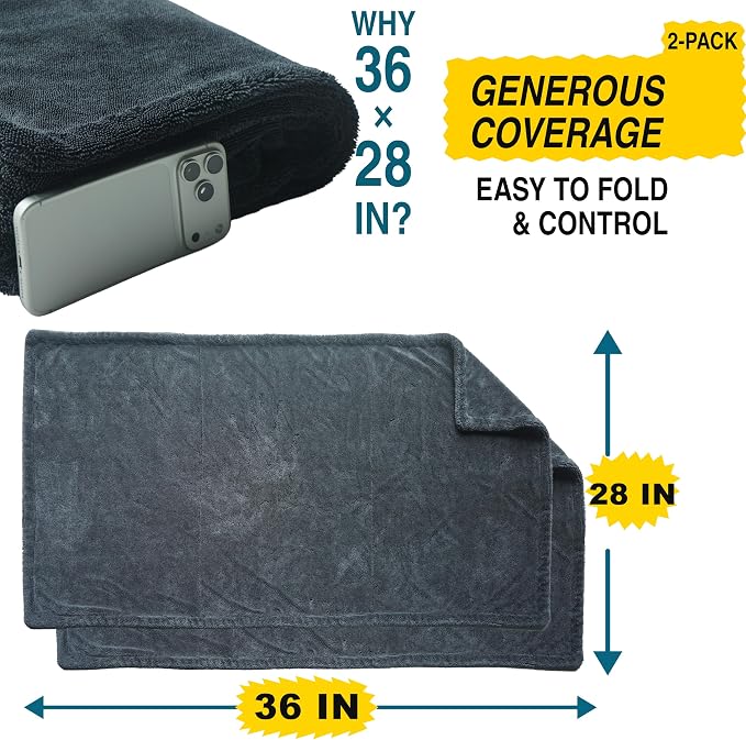 teworld® 2-Pack Car Drying Towels, Large 36 x 28 Inch, 1300 GSM, Dual-Gray | Twisted Loop Microfiber Towel for Cars - Absorbent Car Dry Towel and Car Wash Towel for Streak-Free, Paint-Safe Car Detailing