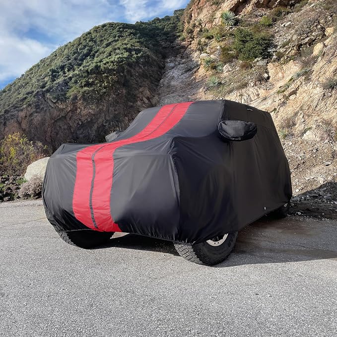 iCarCover Premium Heavy Duty SUV Car Cover - Waterproof All Weather Rain Snow UV Protection, Excursion, Navigator L, Escalade ESV, Suburban, Yukon XL, Size S58 (See Size Chart), Stripe - Black/Red