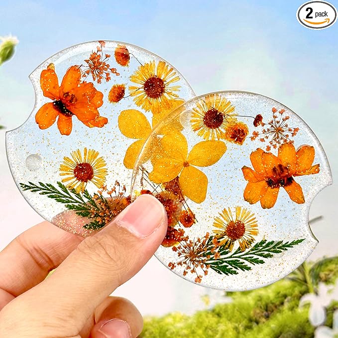 Swooflia Flower Car Cup Holder Coasters for Women - 2.75 Inch Cute Resin Clear Automotive Drink Cupholder Insert Car Accessories 2 Pack Orange Yellow
