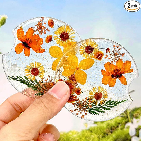 Swooflia Flower Car Cup Holder Coasters for Women - 2.75 Inch Cute Resin Clear Automotive Drink Cupholder Insert Car Accessories 2 Pack Orange Yellow