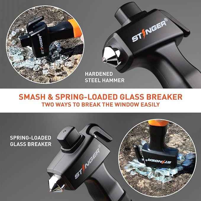 Stinger Super Duty Car Emergency Escape Tool - Hardened Carbon Steel Safety Hammer, Spring-Loaded Window Breaker, Razor-Sharp Seat Belt Cutter, Life-Saving Rescue Tool (Orange and Orange)