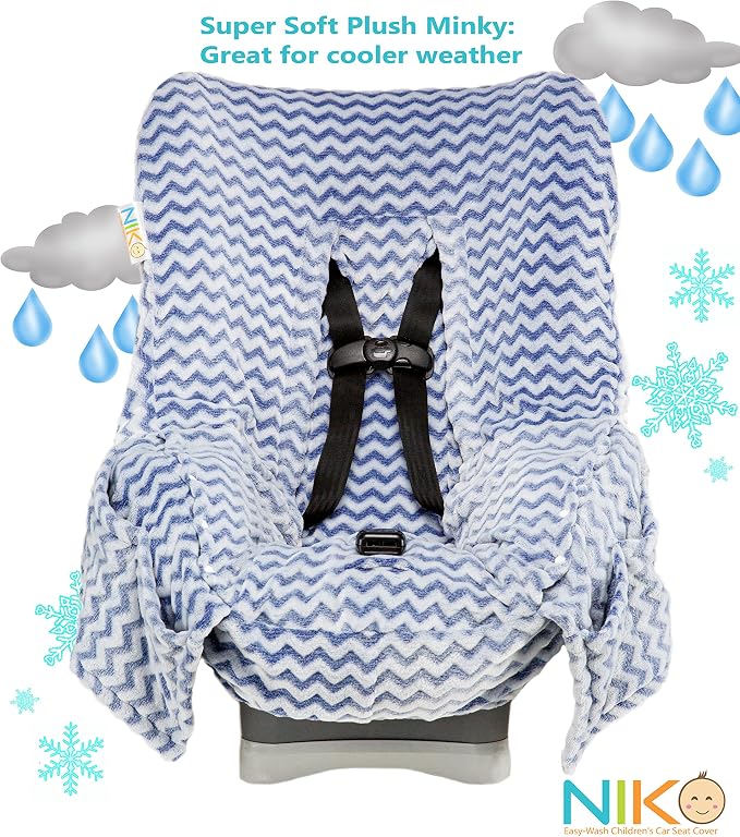 Niko Easy Wash Children's Car Seat Cover & Liner - Blue Chevron Minky - Great for Winter Weather - Universal FIT - Crash Tested - Waterproof SEAT Bottom - Mess Protection - Machine Washable