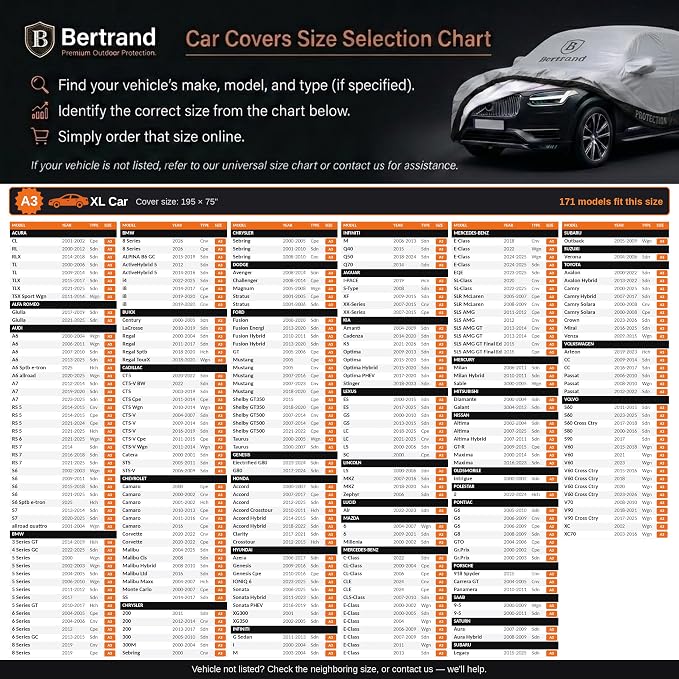 BERTRAND Heavy Duty Sedan Car Cover Waterproof All Weather - Snow, Rain & UV Outdoor Protection | Cotton-Lined, Up to 10-Point Anchoring + Door Zipper | Extra Large Sedans, Silver-Black (195x75, A3)
