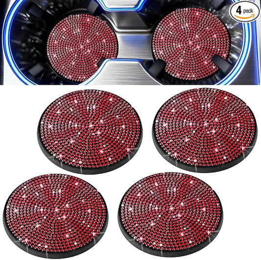 BFXM 4 PCS Bling Cup Holder Coaster, 2.75 inch Diamond Universal Non-Slip Silicone Cup Holder Coasters, Sparkly Bling Car Accessories for Women (Red)