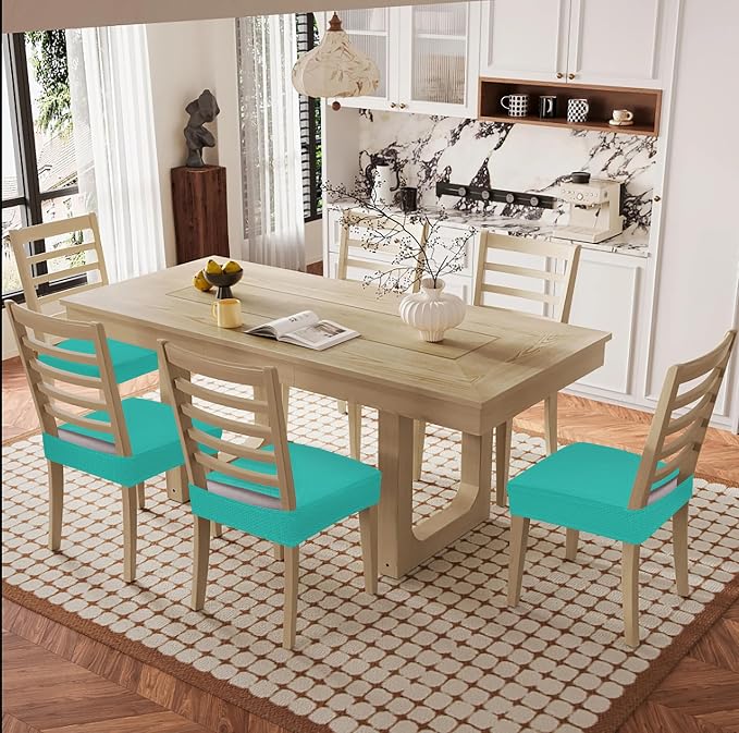 Smiry Waterproof Seat Covers for Dining Room Chairs Set of 8, Stretch Jacquard Removable Washable Chair Seat Slipcovers Protector, No Rear Covers, Teal