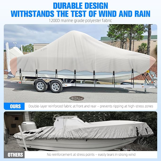 Center Console Boat Cover 22-24ft, 1200D Waterproof Boat Cover | Trailerable Boat Cover with Motor Cover for Center Console Boats, Heavy Duty Marine Grade UV Resistant Polyester, Gray