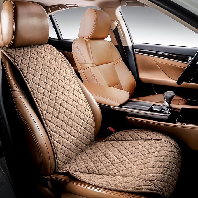 IVICY Faux Linen Front Car Seat Cover – Non-Slip Bucket Seat Protector for Most Cars, SUVs, Vans & Trucks – 1 Seat Cover, Machine Washable, Side-Airbag Friendly, Light Brown