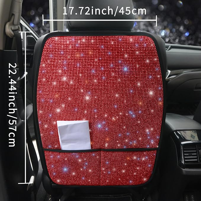 Luxury Bling Car Seat Back Protectors with Pockets – Sparkling Rhinestone Kick Mats, Universal Fit PU Leather Back Seat Covers for SUV Leather Seats, Diamond Protectors for Girls Red 2pcs