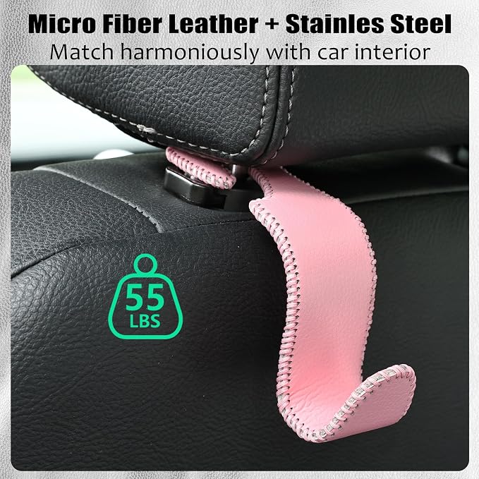 Amooca Car Seat Headrest Hook Universal Vehicle Storage Hanger Leather with Metal Car Seat Back Organizer for Handbag Purse Coat Pink 2 Pack
