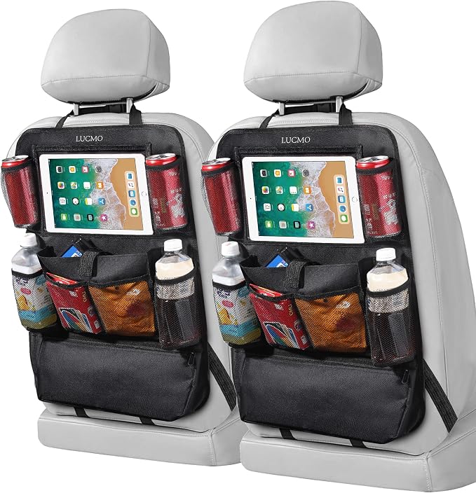 LUCMO Car Backseat Organizer with Touch Screen Tablet Holder, Black | 2 Pcs,9 Storage Pockets,Clear Tablet Holder,Protectors Kick Mats,Travel Accessories,Seat Cover,Road Trip Essentials