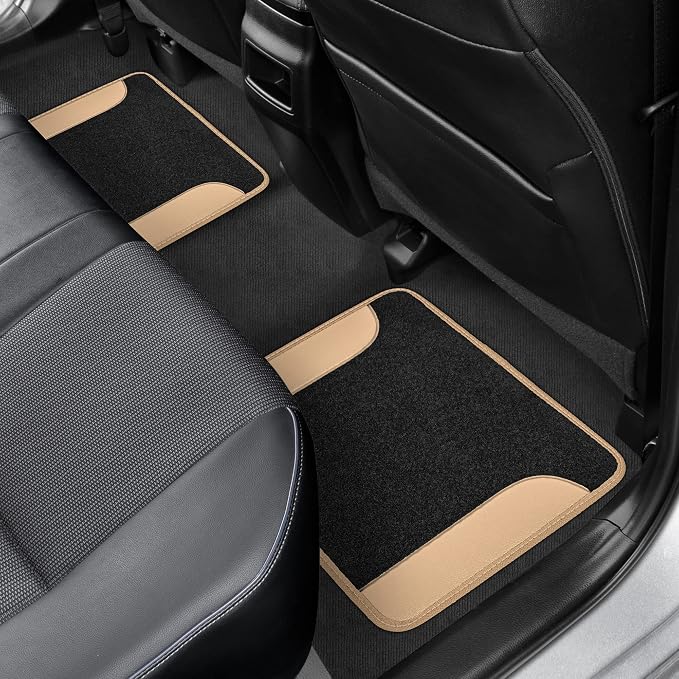 BDK Two-Tone Carpet Car Floor Mats with Faux Leather Accents, Automotive Floor Mat Set with Built-in Heel Pad, Stylish Interior Car Accessories (Beige)