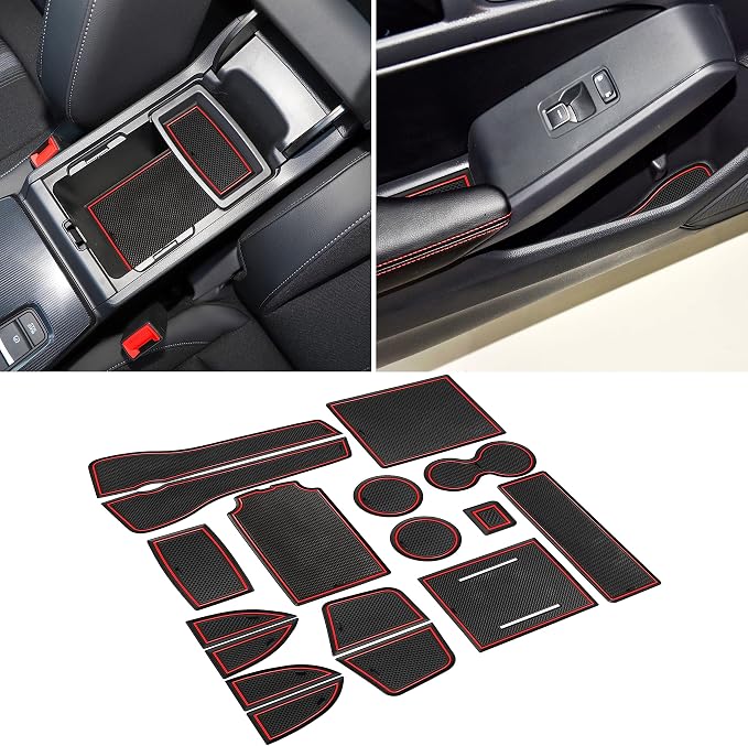 for Honda Civic Accessories 2022 2023 2024 2025 2026 11th Gen Sedan Cup Holder Insert Center Console Liner Door Slot Mats Pad Coaster Trim Premium Rubber Custom Interior 17PC Set (Red Trim)